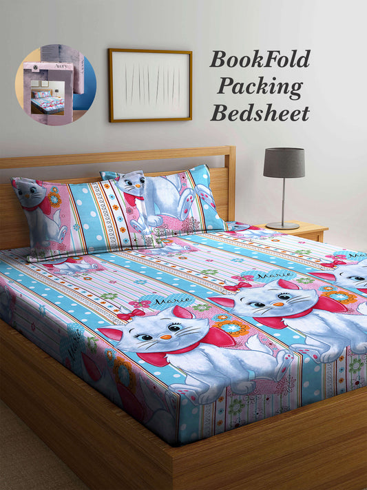 Arrabi Multi Cartoon TC Cotton Blend King Size Bookfold Bedsheet with 2 Pillow Covers (250 X 220 cm)