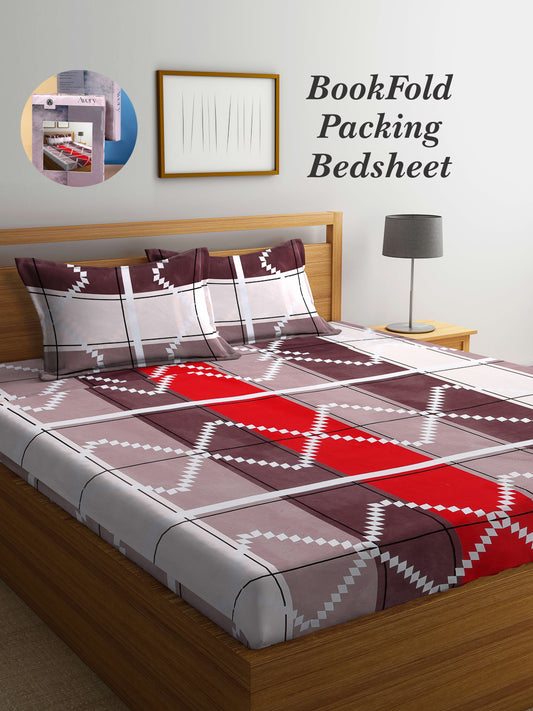 Arrabi Multi Geometric TC Cotton Blend King Size Bookfold Bedsheet with 2 Pillow Covers (250 X 220 cm)