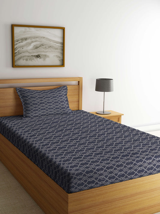 Arrabi Black Geometric Handwoven Cotton Single Size Bedsheet with 1 Pillow Cover (225 x 150 cm)