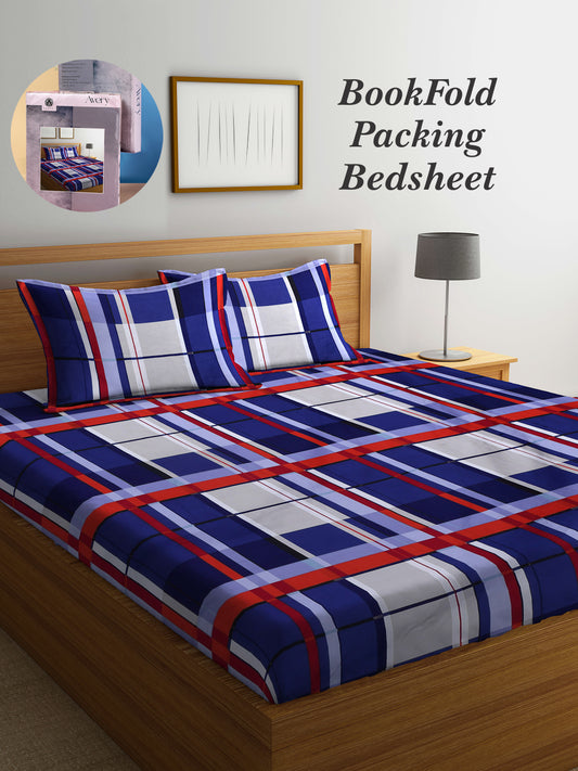 Arrabi Blue Geometric TC Cotton Blend King Size Bookfold Bedsheet with 2 Pillow Covers (250 X 215 cm)