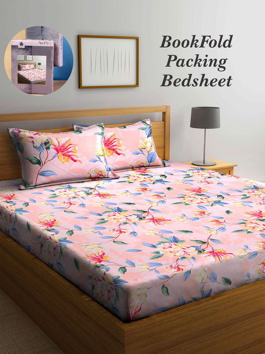 Arrabi Peach Floral TC Cotton Blend Super King Size Bookfold Bedsheet with 2 Pillow Covers (270 X 260 cm)