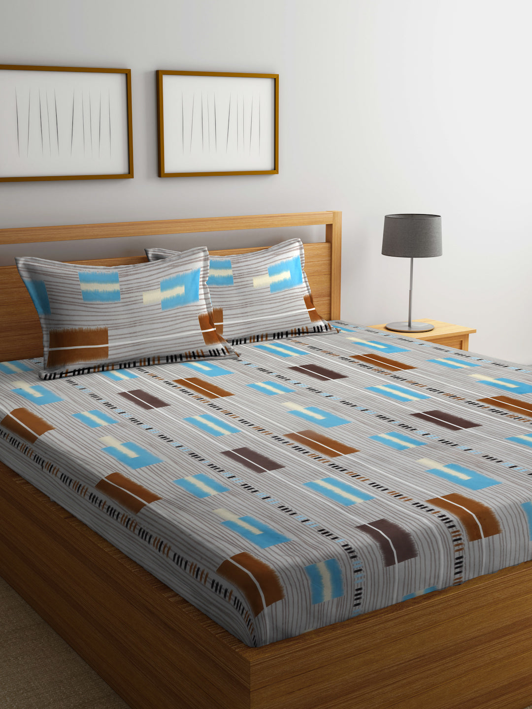 Arrabi Multi Geometric TC Cotton Blend King Size Bedsheet with 2 Pillow Covers (250 X 215 cm)
