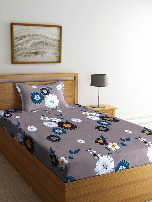 Arrabi Brown Floral TC Cotton Blend Single Size Bedsheet with 1 Pillow Cover (220 x 150 cm)
