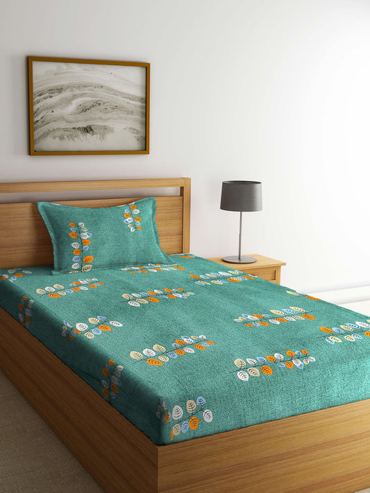 Arrabi Green Leaf TC Cotton Blend Single Size Bedsheet with 1 Pillow Cover (215 x 150 cm)