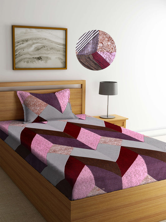 Arrabi Multi Geometric TC Cotton Blend Single Size Fitted Bedsheet with 1 Pillow Cover (220 X 150 cm)
