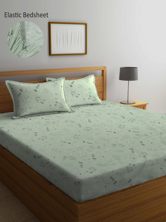 Arrabi Green Leaf TC Cotton Blend Super King Size Fitted Bedsheet with 2 Pillow Covers (270 X 260 Cm )