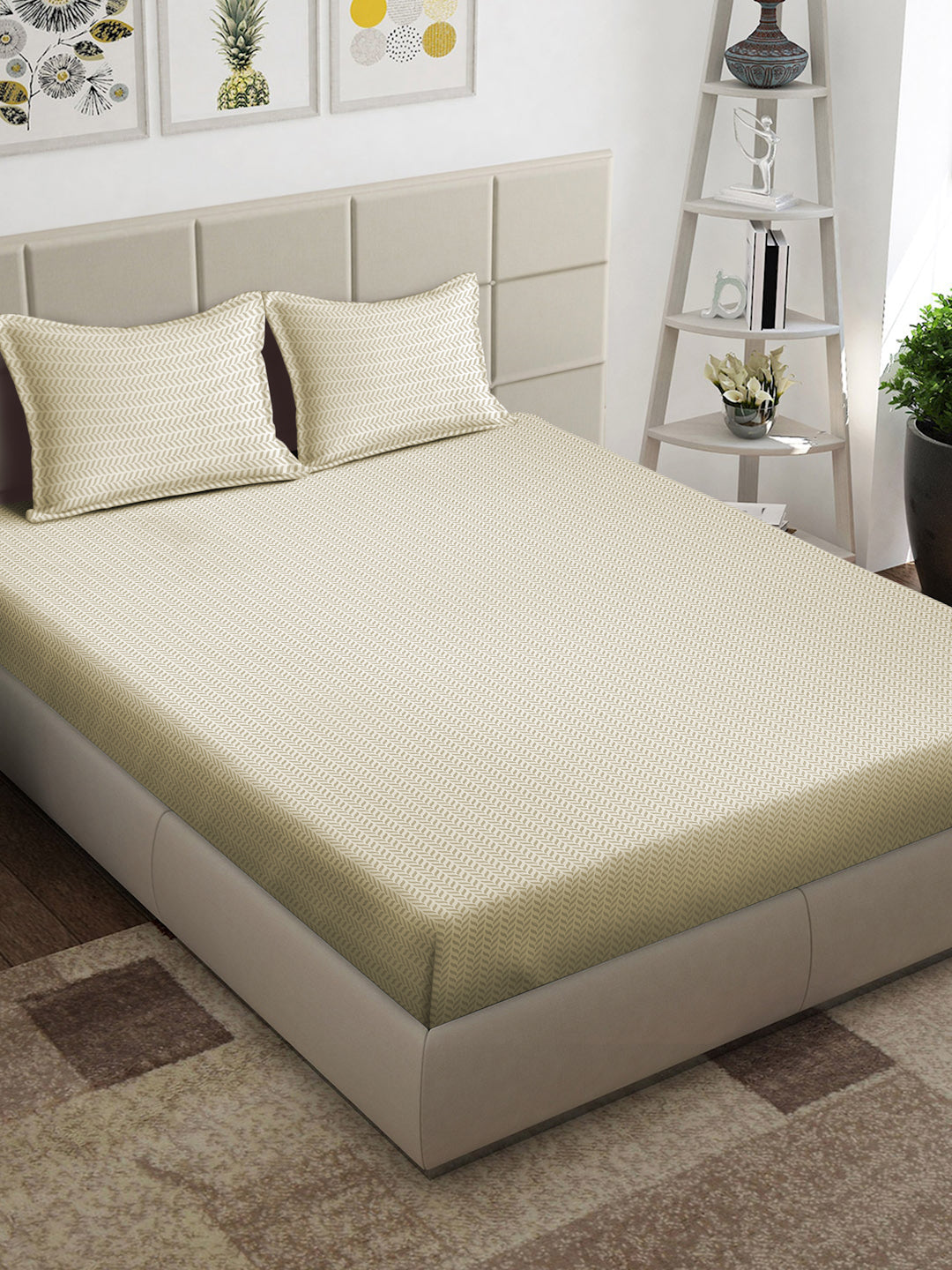 Arrabi Brown Geometric TC Cotton Blend King Size Bedsheet with 2 Pillow Covers (250 x 215 cm)