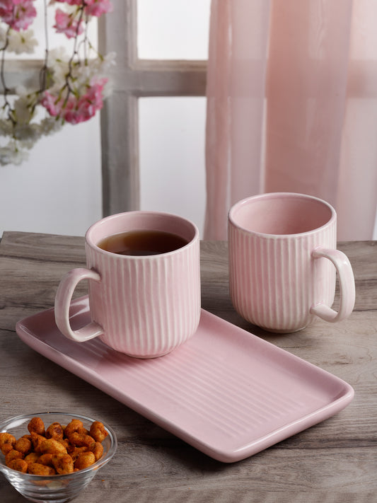 Stripped Set of 2 Ceramic Mugs With Tray