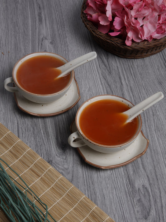 Stoneware Handcrafted Matte Soup Bowls With Plate & Spoon (Set of 2)