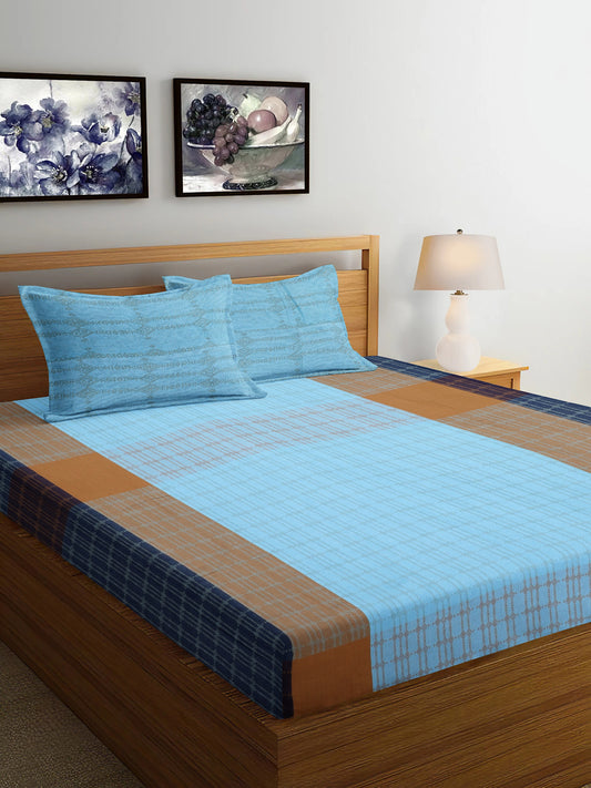 Arrabi Blue Geometric Handwoven Cotton King Size Bedsheet with 2 Pillow Covers (260 x 230 cm)