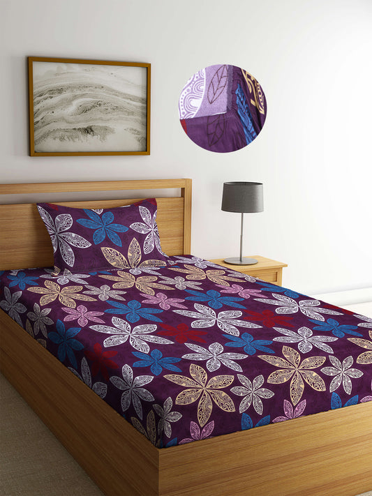 Arrabi Purple Floral TC Cotton Blend Single Size Fitted Bedsheet with 1 Pillow Cover (220 X 150 cm)