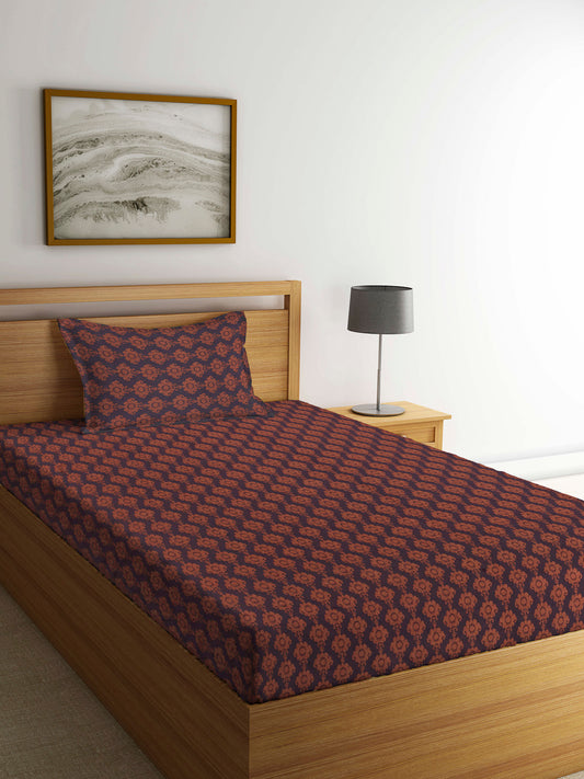 Arrabi Brown Indian Handwoven Cotton Single Size Bedsheet with 1 Pillow Cover (230 x 150 cm)