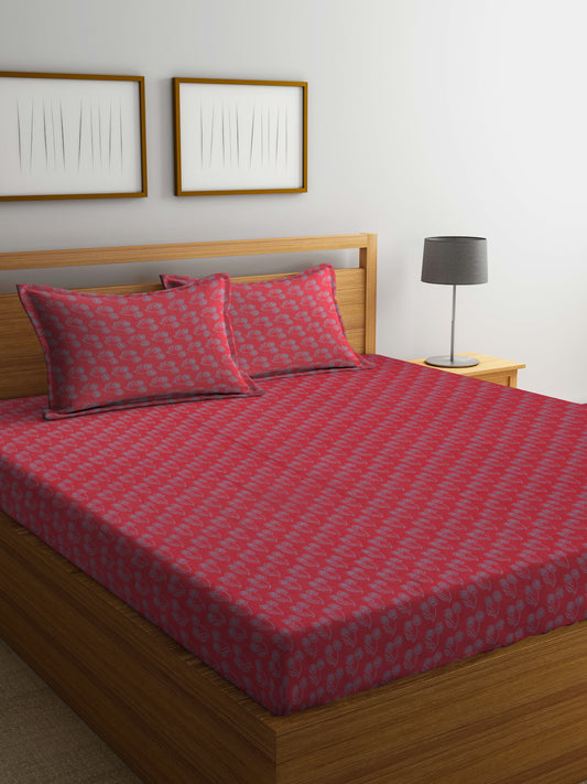 Arrabi Red Leaf Handwoven Cotton Super King Size Bedsheet with 2 Pillow Covers (270 X 270 cm)
