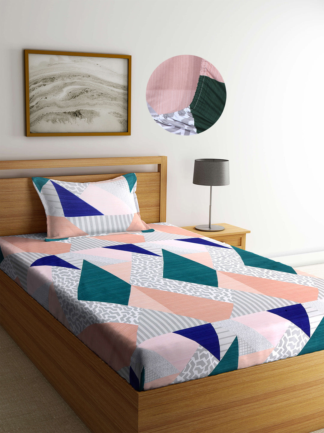 Arrabi Multi Geometric TC Cotton Blend Single Size Fitted Bedsheet with 1 Pillow Cover (220 X 150 cm)