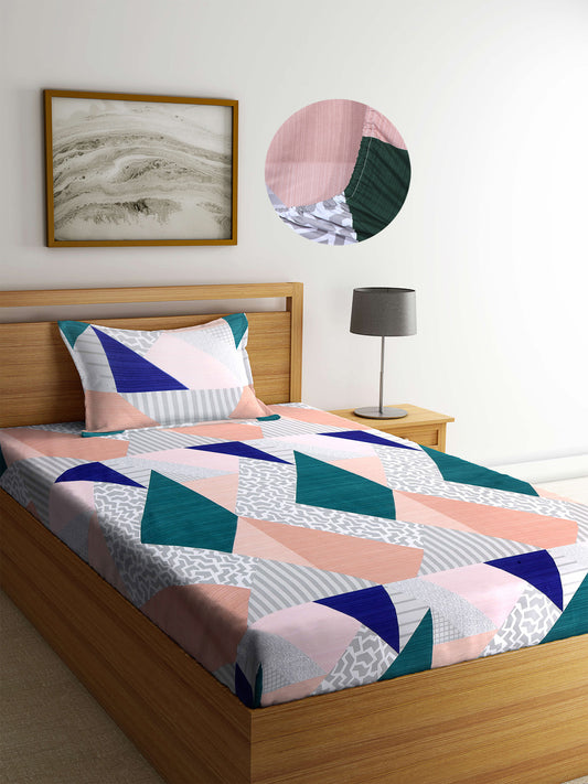 Arrabi Multi Geometric TC Cotton Blend Single Size Fitted Bedsheet with 1 Pillow Cover (220 X 150 cm)