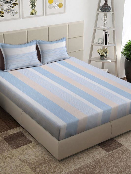 Arrabi Multi Stripes TC Cotton Blend Super King Size Bedsheet with 2 Pillow Covers (270 x 260 cm)