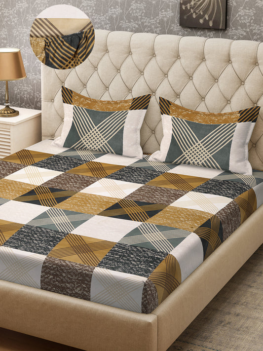 Arrabi Multi Geometric TC Cotton Blend Super King Size Fitted Bedsheet with 2 Pillow Covers (260 x 260 cm)