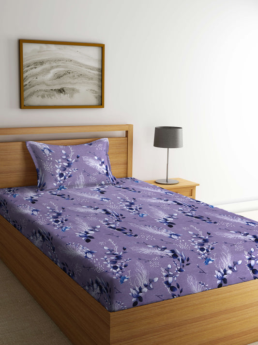 Arrabi Grey Floral TC Cotton Blend Single Size Bedsheet with 1 Pillow Cover (215 X 150 cm)