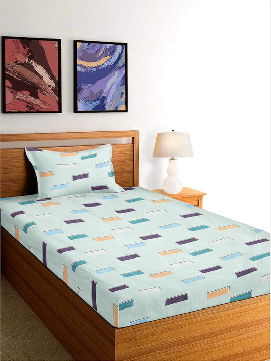 Arrabi Green Geometric TC Cotton Blend Single Size Bedsheet with 1 Pillow Cover (215 x 150 cm)