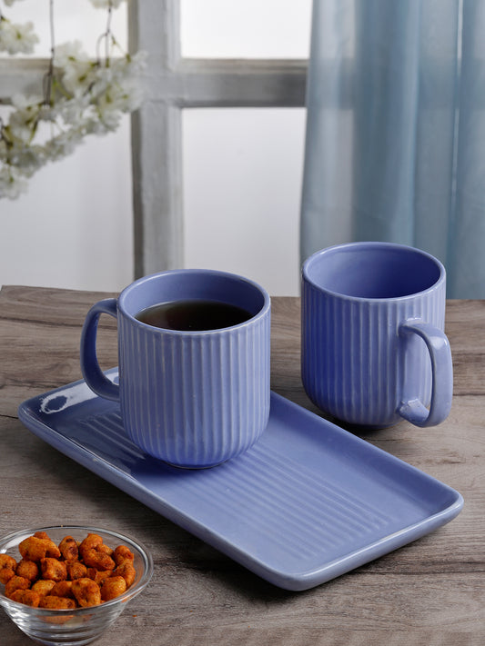 Stripped Set of 2 Ceramic Mugs With Tray