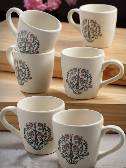 Handcrafted Printed Stoneware Matte Floral Tea set (Set of 6)
