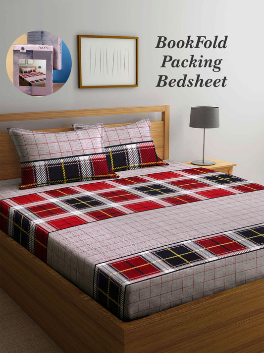 Arrabi Grey Checks TC Cotton Blend Super King Size Bookfold Bedsheet with 2 Pillow Covers (270 X 260 cm)