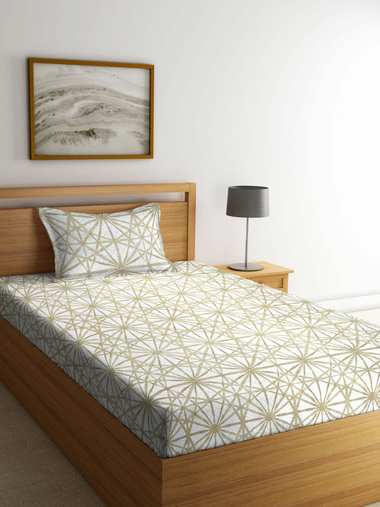Arrabi Beige Graphic TC Cotton Blend Single Size Bedsheet with 1 Pillow Cover (215 X 150 cm)
