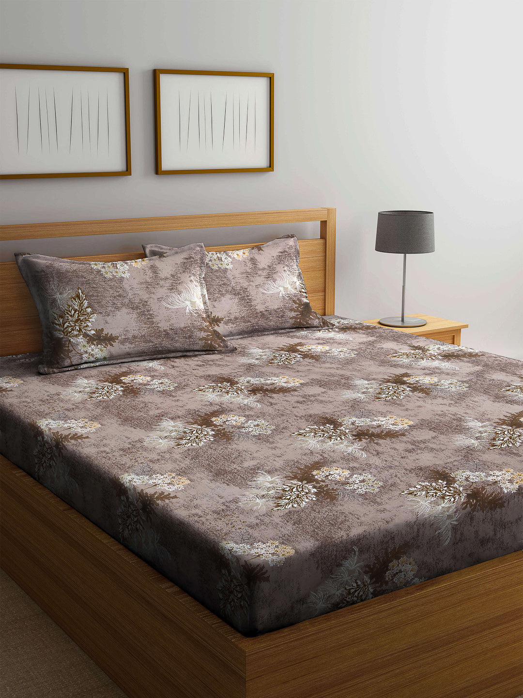 Arrabi Brown Floral TC Cotton Blend King Size Bedsheet with 2 Pillow Cover (250 x 225 cm)