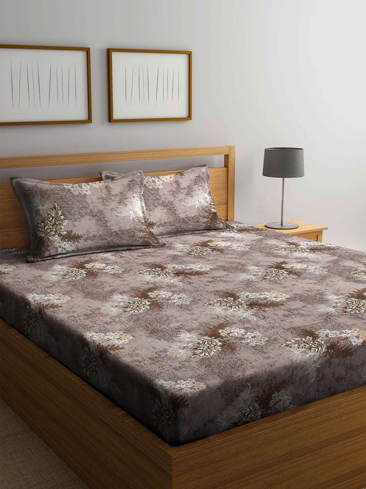 Arrabi Brown Floral TC Cotton Blend King Size Bedsheet with 2 Pillow Cover (250 x 225 cm)