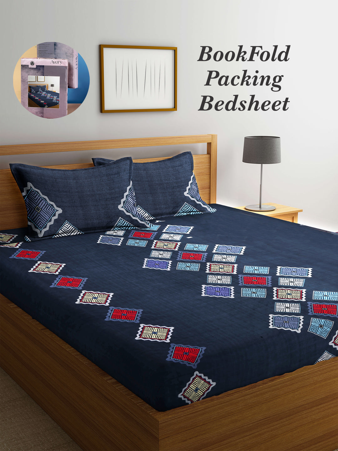 Arrabi Multi Graphic TC Cotton Blend King Size Bookfold Bedsheet with 2 Pillow Covers (250 X 220 cm)