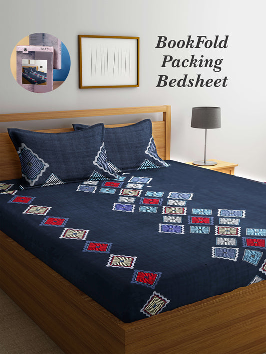 Arrabi Multi Graphic TC Cotton Blend King Size Bookfold Bedsheet with 2 Pillow Covers (250 X 220 cm)