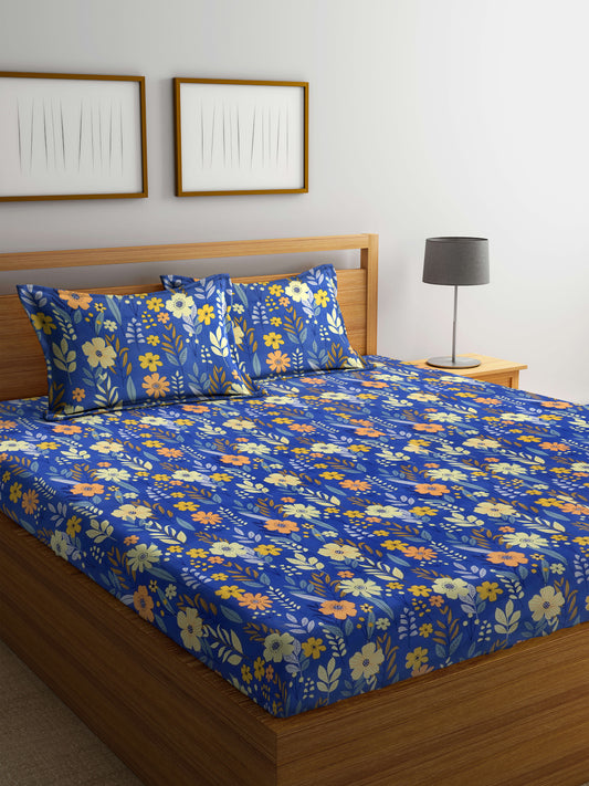 Arrabi Blue Floral TC Cotton Blend Super King Size Bedsheet with 2 Pillow Covers (270 x 260 cm)