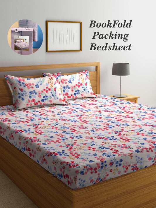 Arrabi Pink Floral TC Cotton Blend King Size Bookfold Bedsheet with 2 Pillow Covers (250 X 215 cm)
