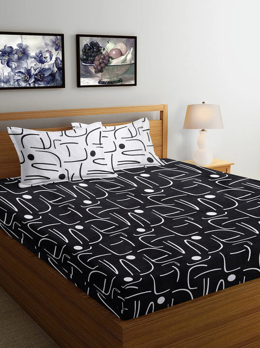 Arrabi Black Geometric TC Cotton Blend Super King Size Bedsheet with 2 Pillow Covers (270 x 260 cm)