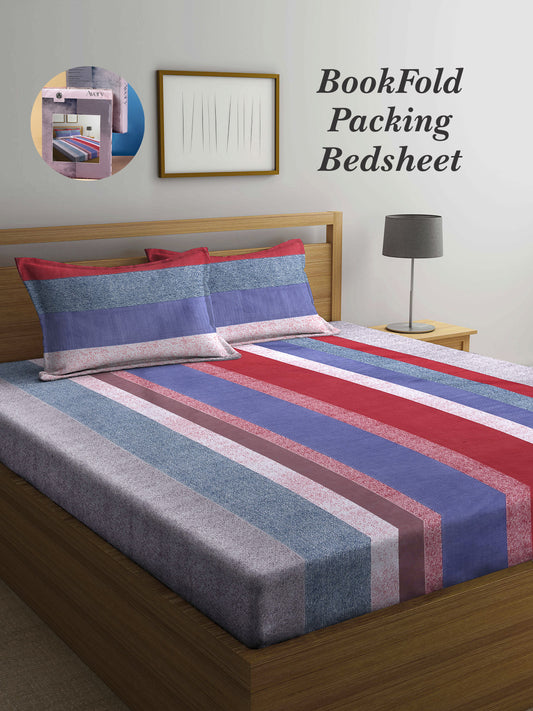 Arrabi Multi Stripes TC Cotton Blend Super King Size Bookfold Bedsheet with 2 Pillow Covers (270 X 260 cm)