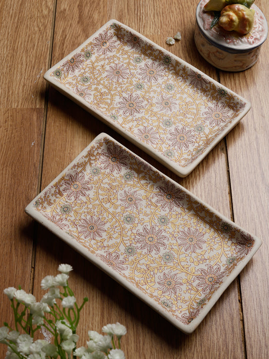 Handcrafted Stoneware Floral Set of 2 Tray