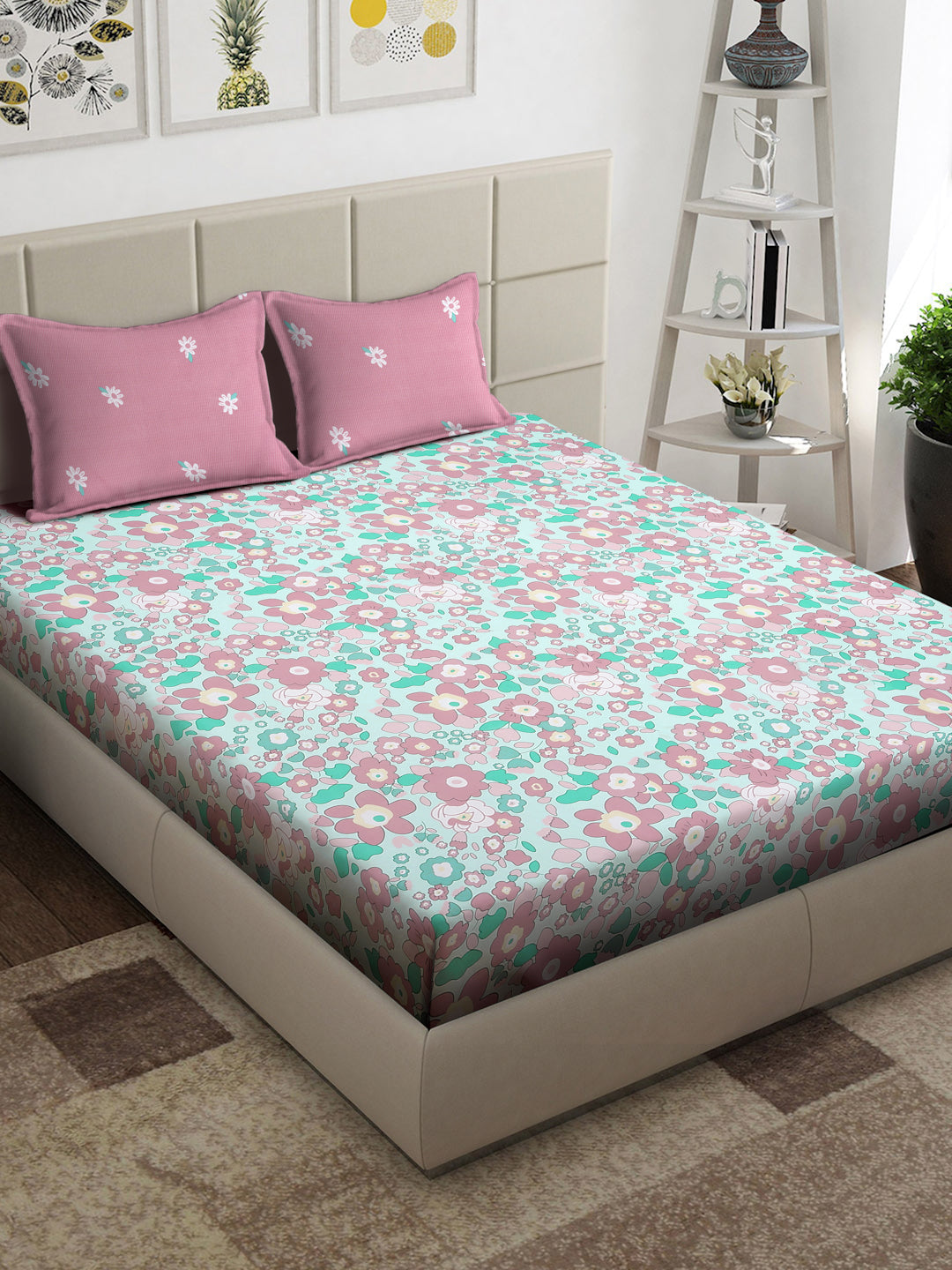 Arrabi Green Floral TC Cotton Blend Super King Size Bedsheet with 2 Pillow Covers (270 x 260 cm)