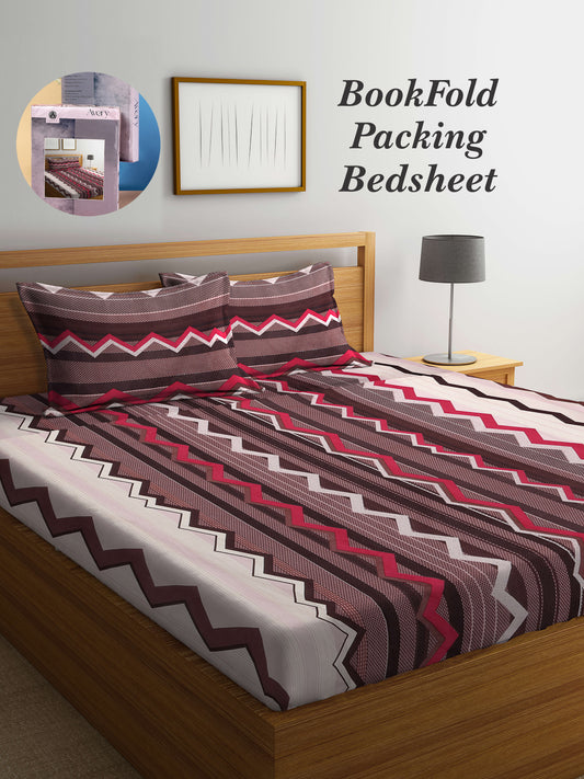Arrabi Brown Geometric TC Cotton Blend King Size Bookfold Bedsheet with 2 Pillow Covers (250 X 215 cm)