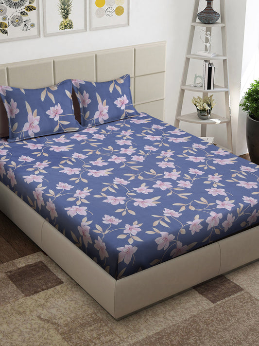 Arrabi Blue Floral TC Cotton Blend King Size Bedsheet with 2 Pillow Covers (250 x 215 cm)