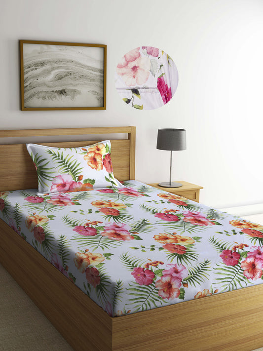 Arrabi Multi Floral TC Cotton Blend Single Size Fitted Bedsheet with 1 Pillow Cover (220 X 150 cm)