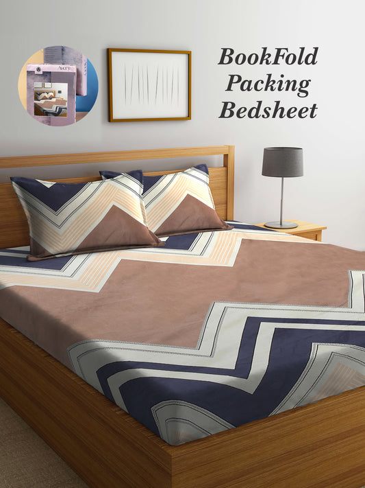 Arrabi Multi Geometric TC Cotton Blend King Size Bookfold Bedsheet with 2 Pillow Covers (250 X 215 cm)