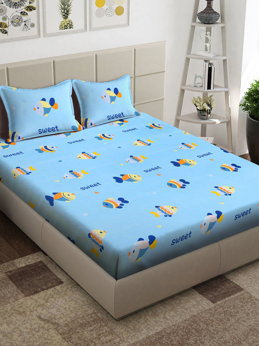 Arrabi Blue Cartoon TC Cotton Blend King Size Bedsheet with 2 Pillow Covers (250 x 215 cm)