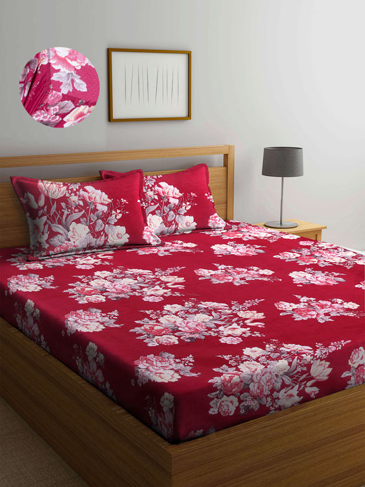 Arrabi Red Floral TC Cotton Blend Super King Size Fitted Bedsheet with 2 Pillow Covers (270 x 260 cm)