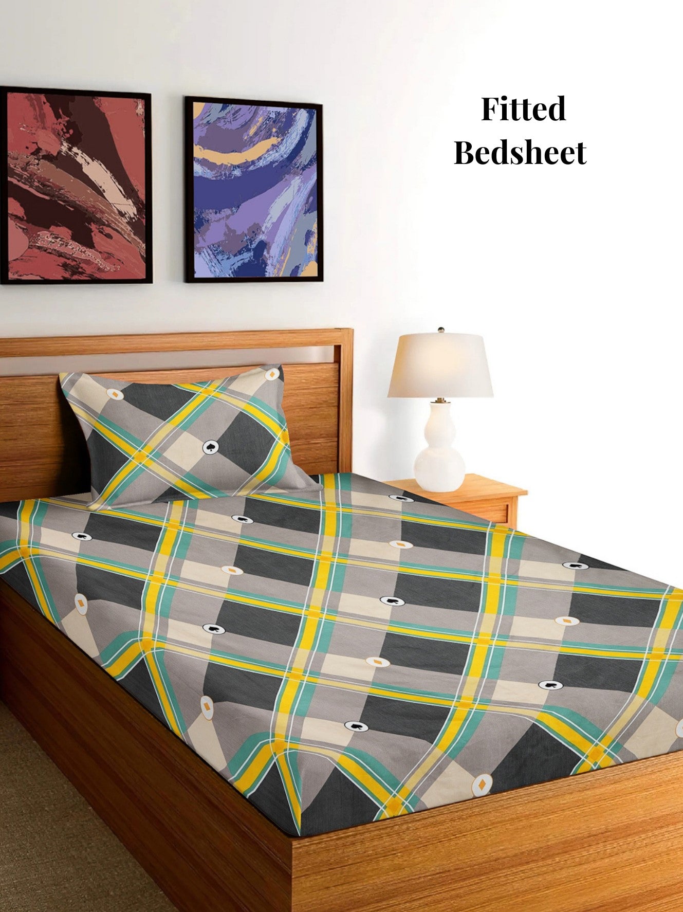 Arrabi Multi Geometric TC Cotton Blend Single Size Fitted Bedsheet with 1 Pillow Cover (215 x 150 cm)