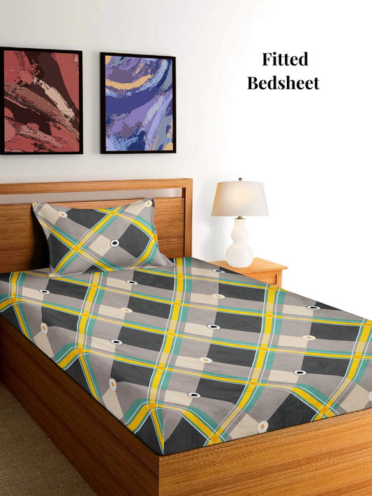 Arrabi Multi Geometric TC Cotton Blend Single Size Fitted Bedsheet with 1 Pillow Cover (215 x 150 cm)