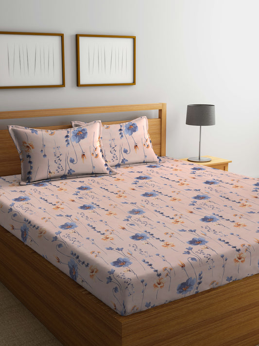 Arrabi Peach Leaf TC Cotton Blend Super King Size Bedsheet with 2 Pillow Covers (270 X 260 cm)