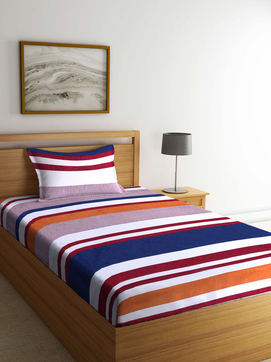 Arrabi Multi Stripes TC Cotton Blend Single Size Bedsheet with 1 Pillow Cover (220 x 150 cm)