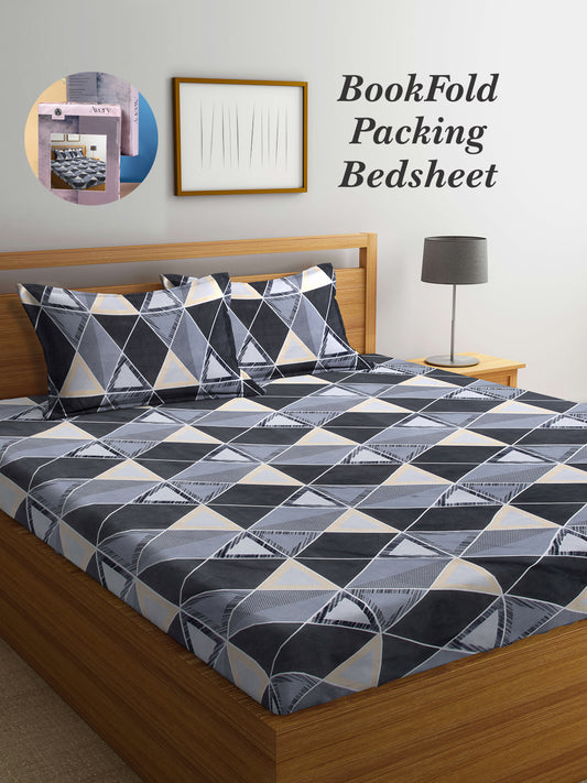 Arrabi Grey Geometric TC Cotton Blend King Size Bookfold Bedsheet with 2 Pillow Covers (250 X 215 cm)