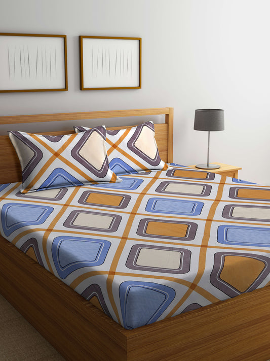 Arrabi Multi Geometric TC Cotton Blend Super King Size Bedsheet with 2 Pillow Covers (270 x 260 cm)