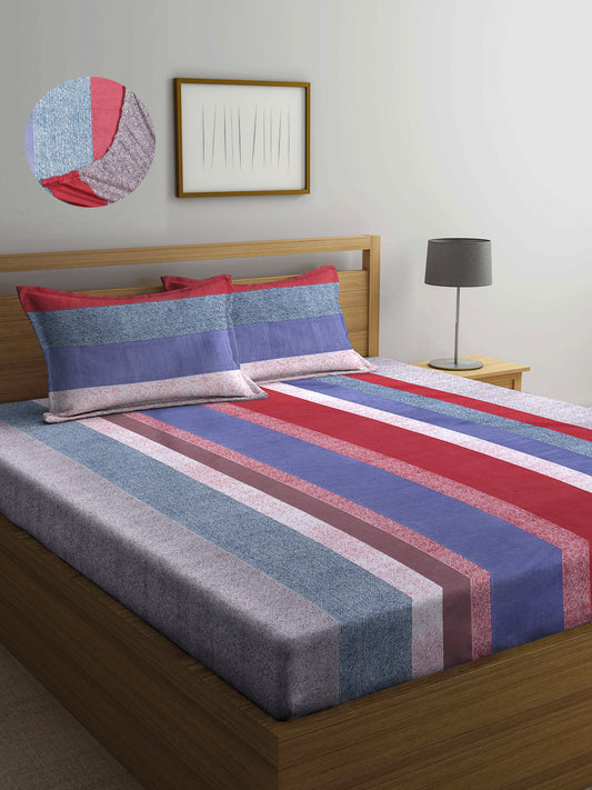 Arrabi Multi Geometric TC Cotton Blend Super King Size Fitted Bedsheet with 2 Pillow Covers (270 X 260 Cm)